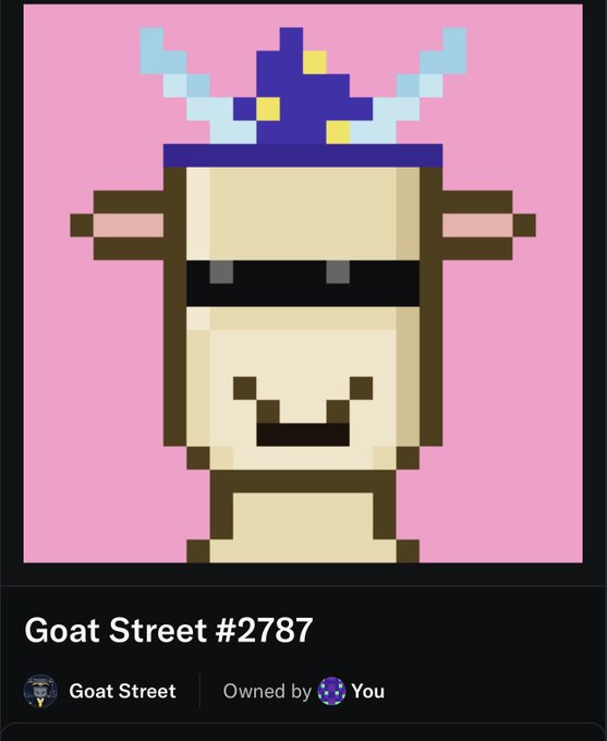 An 8-bit pixel art NFT from 'Goat Street #2787' showing a white character with a wizard hat and smiling face on a pink background, marked 'Owned by You'.