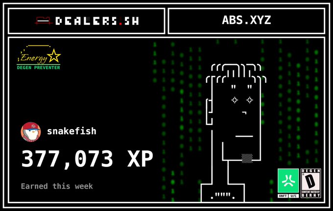 An Abstract XP earnings card for user 'snakefish' showing 377,073 XP earned this week, with a pixel art character and 'DEALERS.SK' / 'ABS.XYZ' logos.