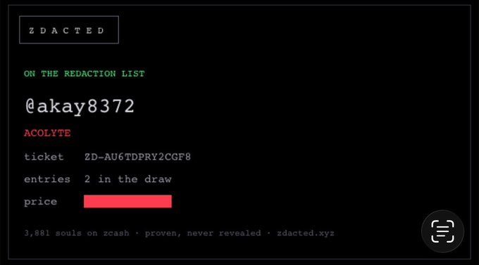 A dark-themed digital card from 'ZDACTED' showing a user (@akay8372) 'ON THE REDACTION LIST' with an 'ACOLYTE' ticket number 'ZD-AU6TDPRY2CGF8' and '2 in the draw' entries.