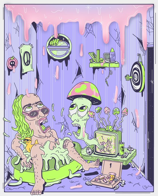 A colorful psychedelic illustration depicting two cartoonish figures in a room with melting pink slime dripping from the ceiling, featuring a mushroom character with a pizza-themed cap and another figure with sunglasses.