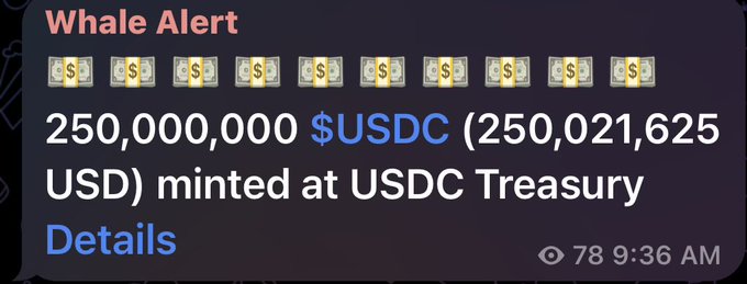 Whale Alert reports 250,000,000 $USDC (valued at $250,021,625 USD) were minted at the USDC Treasury. This aligns with the accompanying post stating "+250m $USDC on @solana", indicating the minted liquidity was added to the Solana network.