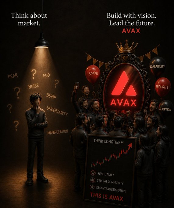 A promotional poster for AVAX (Avalanche cryptocurrency) with the text 'Think about market' and 'Build with vision. Lead the future. AVAX', contrasting a confused figure surrounded by negative terms like 'FEAR' and 'FUD' with a cheering crowd celebrating 'SPEED', 'SCALABILITY', and 'REAL UTILITY'.