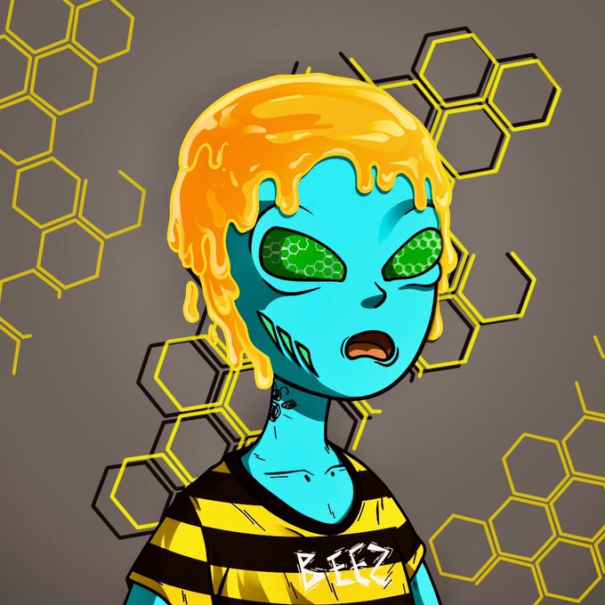 A stylized digital artwork of a blue-skinned alien or character with green honeycomb-textured eyes, orange honey-like substance dripping from their head, wearing a yellow and black striped shirt against a hexagonal backdrop.