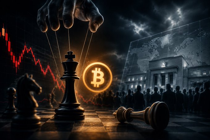A shadowy hand manipulates chess pieces on a board alongside a glowing Bitcoin symbol, with a falling red chart, a central bank building, and a world map in the background—visually capturing the post's theme of hidden market forces controlling Bitcoin's price beyond the Fed's headlines.