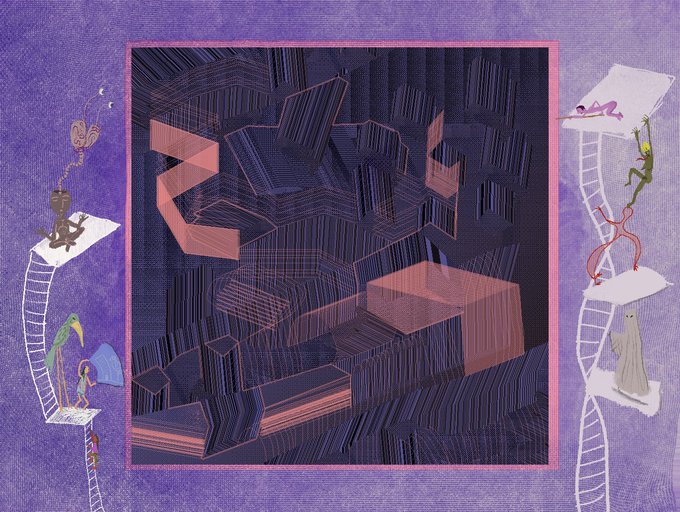 A purple-toned surreal illustration featuring small cartoon characters (an insect, frog, lizard, and ghost) climbing ladders along the borders of a central abstract geometric composition of dark cubes.