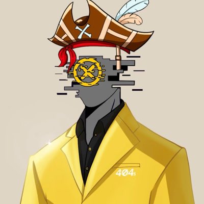 A stylized digital illustration of a figure in a yellow suit jacket marked "404," with a glitch-effect face featuring a coin and a pirate hat with a feather.