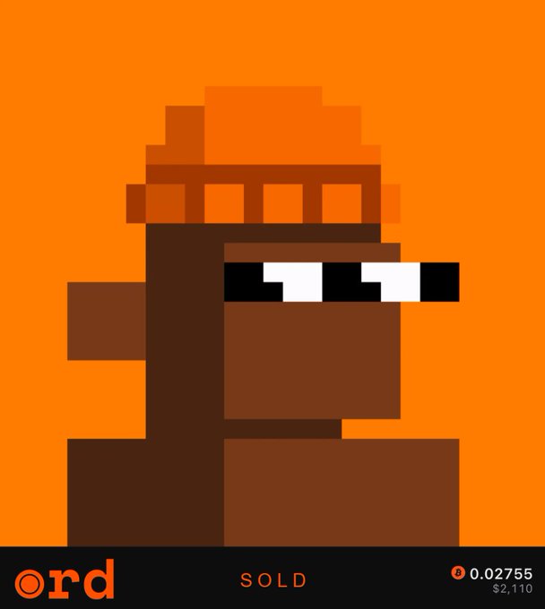 A minimalist pixel-art image featuring a brown monkey-like character wearing a hat and sunglasses against an orange background, displayed as an Ordinals NFT on ord.net with a "SOLD" label, priced at 0.02755 (~$2,110), reflecting its acquisition via collection offer as described.