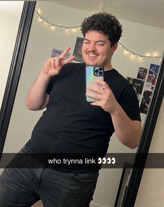 A smiling young man with curly hair takes a mirror selfie while making a peace sign, with a glittery phone case in hand and string lights framing the background; overlaid text reads "who trynna link 👀👀👀". The caption "who trynna link" plays into the post's crypto braggadocio, as the man poses confidently as if inviting followers to join his pumpfun gains while others "suffer" on Solana.