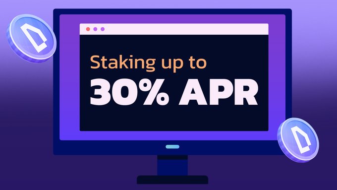 A promotional graphic showing a computer monitor with the text "Staking up to 30% APR" flanked by two digital coins, set against a purple background.