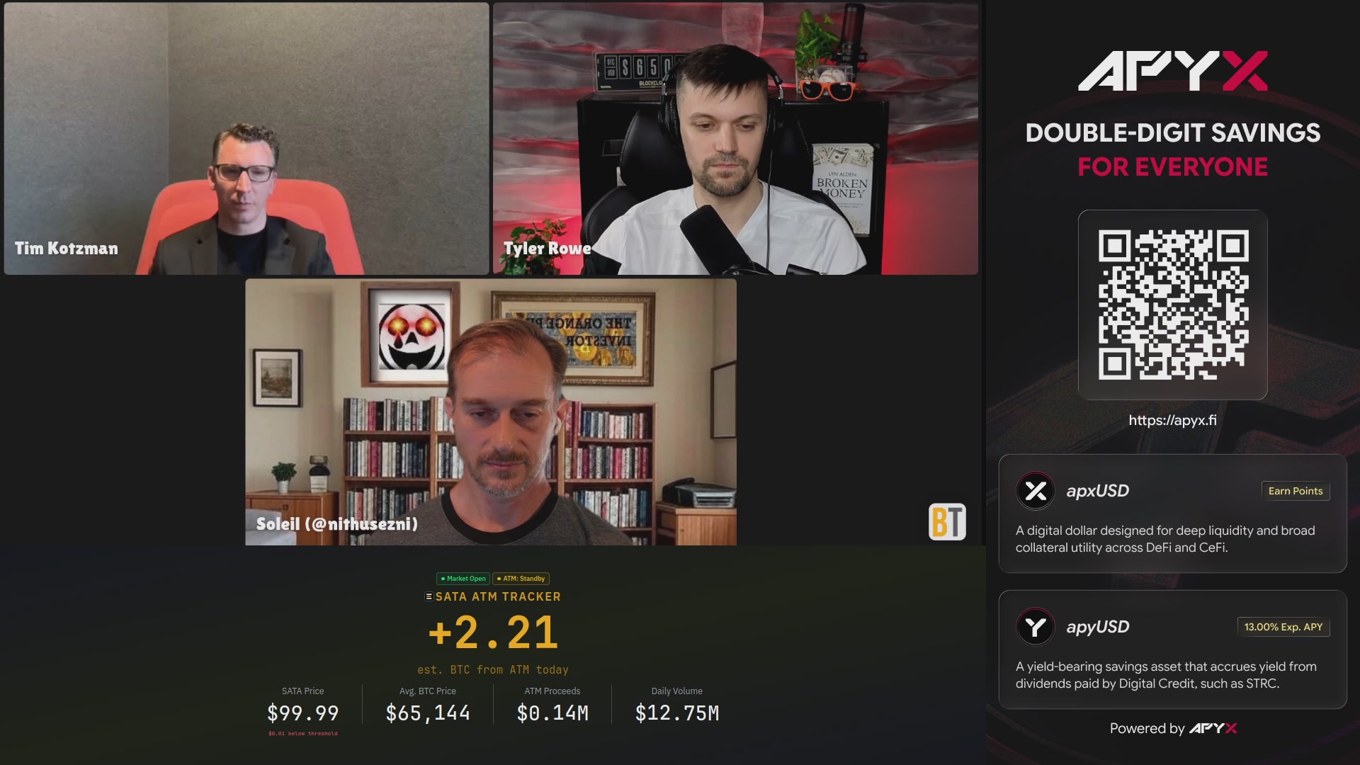 The image shows a group of people sitting around a table, with three men wearing glasses and one man wearing headphones. They are all looking at a computer screen that displays a video call from Apx. The screen also has a message about double-digit savings for everyone on it.