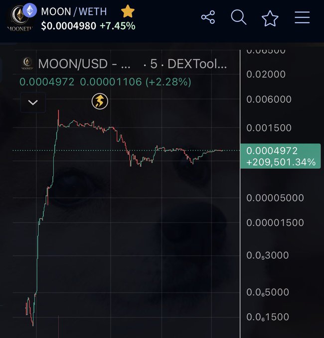 The image displays a cryptocurrency trading chart for MOON/USD on DEXTools, showing a dramatic price increase of +209,501.34% to $0.0004972, which visually illustrates the post's boast about "pumping to multiple millions on day one" while contrasting it with long-term accumulation gains.