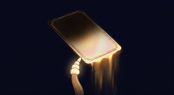 An animated fantasy illustration of a glowing golden card or tablet floating in a dark space, connected to a segmented tail-like cord with light streaming downward.