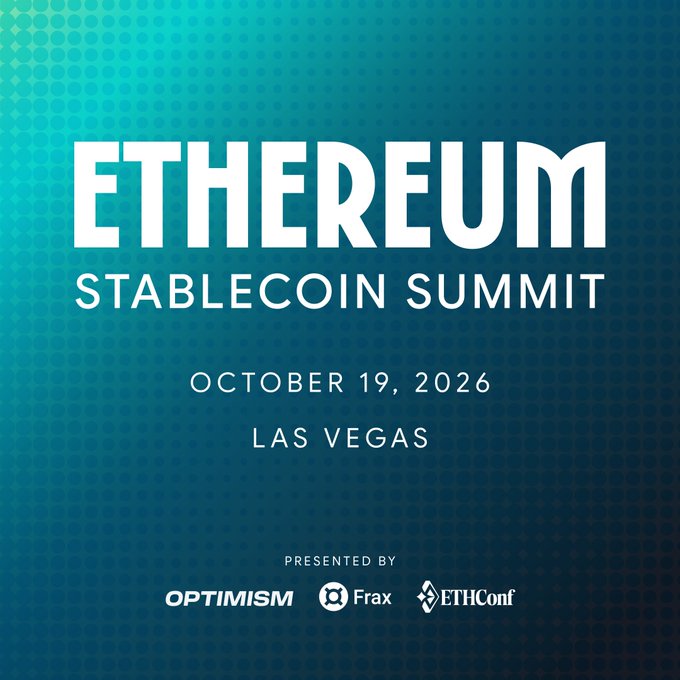 A promotional graphic for the ETHEREUM STABLECOIN SUMMIT on October 19, 2026 in Las Vegas, presented by OPTIMISM, Frax, and ETHConf.