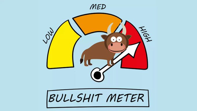 A cartoon illustration of a 'BULLSHIT METER' gauge with low (yellow), medium (orange), and high (red) sections, featuring a brown bull character with the needle pointing into the red 'HIGH' zone.