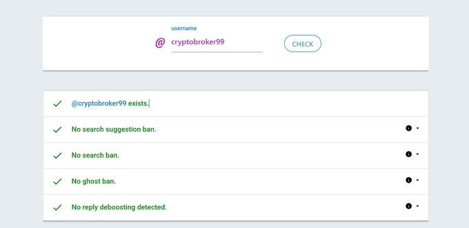 A username check tool displaying the handle @cryptobroker99 with green checkmarks indicating the account exists, with no search ban, no ghost ban, and no reply deboosting detected.
