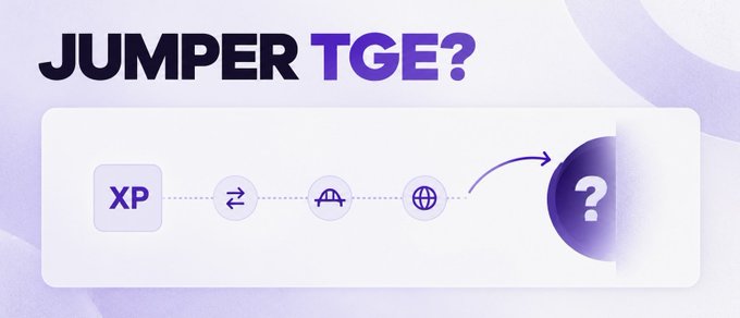A purple-themed graphic asks 'JUMPER TGE?' showing a progression of icons from XP to various symbols leading to a question mark, suggesting a token generation event for a project called Jumper.