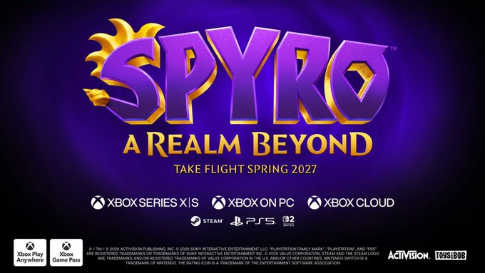 The image features a purple background with the words "Spyro" written in gold letters, accompanied by an illustration of a dragon. The text below the illustration reads "Take flight spring 2027", which seems to be related to the game "Spyro". The image also includes various logos and icons for other games from the Xbox Series X, such as "XBOX on PC", "STAMPS", and "92MB".