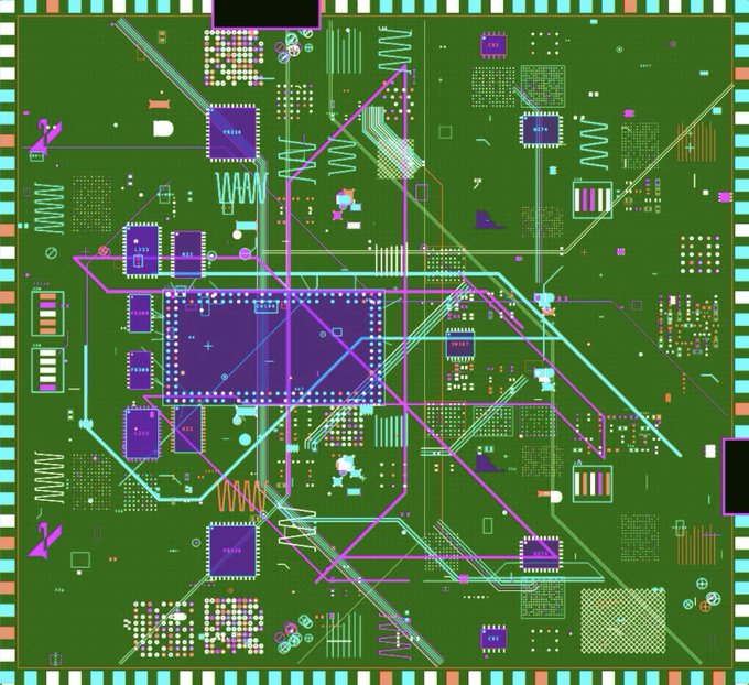 A close-up, stylized view of a green printed circuit board (PCB) with purple microchips, colorful traces in magenta and cyan, and various electronic components.