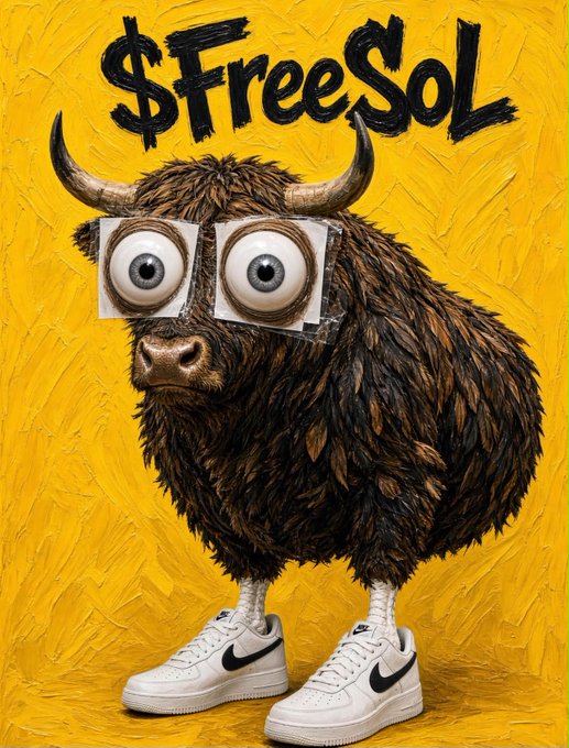 Digital artwork of a fluffy brown bull/yak-like creature with large googly eyes taped to its face, wearing white Nike sneakers against a yellow background with '$FreeSol' written at the top.