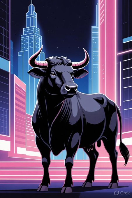 A stylized digital illustration by Grok shows a powerful black bull with pink-tipped horns standing in a vibrant neon-lit cyberpunk cityscape at night, rendered in pink, blue, and purple tones.
