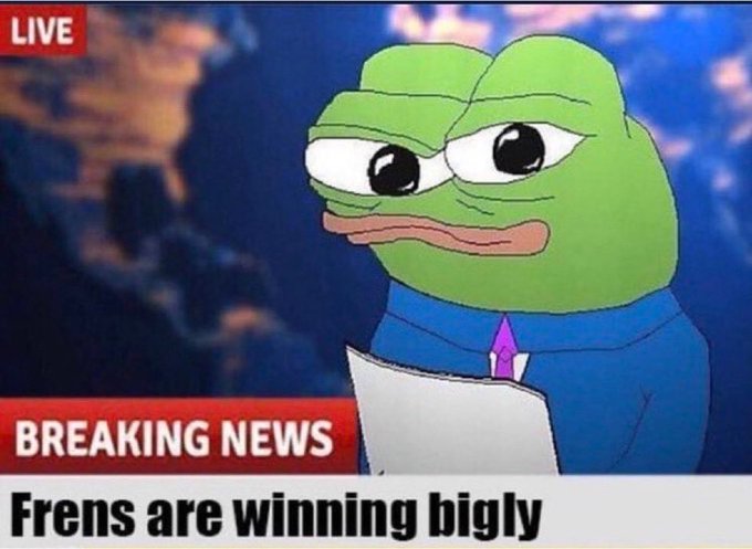 A meme featuring the "Smug Pepe" frog dressed as a news anchor with a "LIVE" and "BREAKING NEWS" banner, announcing "Frens are winning bigly."