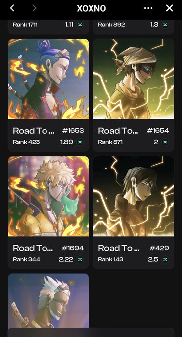A mobile app screen titled 'XOXNO' displays four anime character collectible cards labeled 'Road To...' with ranks and prices in a grid layout.