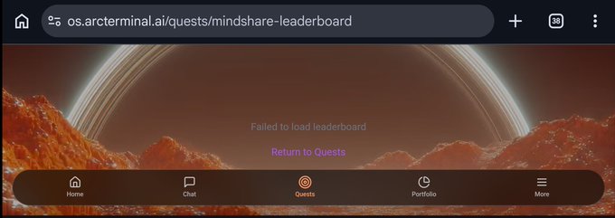 A browser screenshot of arcterterminal.ai displaying 'Failed to load leaderboard' on the mindshare-leaderboard quests page.