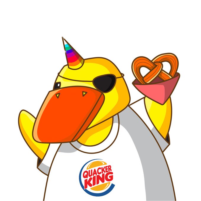 Logo featuring a yellow bird mascot wearing sunglasses, a rainbow horn, and a white shirt with the 'Quacker King' brand name, holding a pretzel.