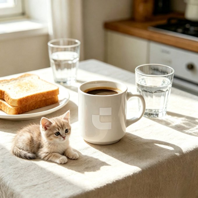 A small fluffy kitten sits on a sunlit kitchen table beside a white coffee mug and two glasses of water, with toasted bread on a plate nearby.
