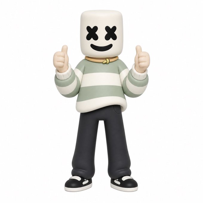 A 3D character of Marshmello (the DJ with a marshmallow-shaped helmet featuring X eyes and a smile) giving two thumbs up, wearing a striped shirt and dark pants.