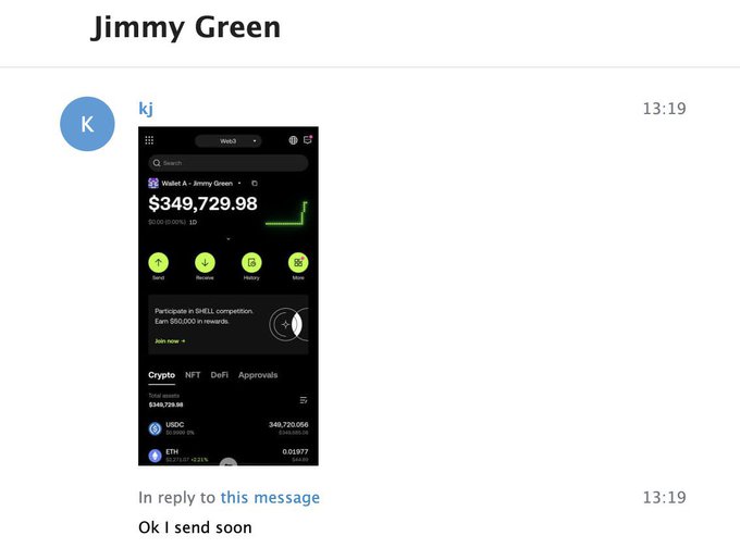 A Telegram chat titled 'Jimmy Green' shows a user 'kj' sending a screenshot of a crypto wallet with a balance of $349,729.98, followed by the reply 'Ok I send soon'.