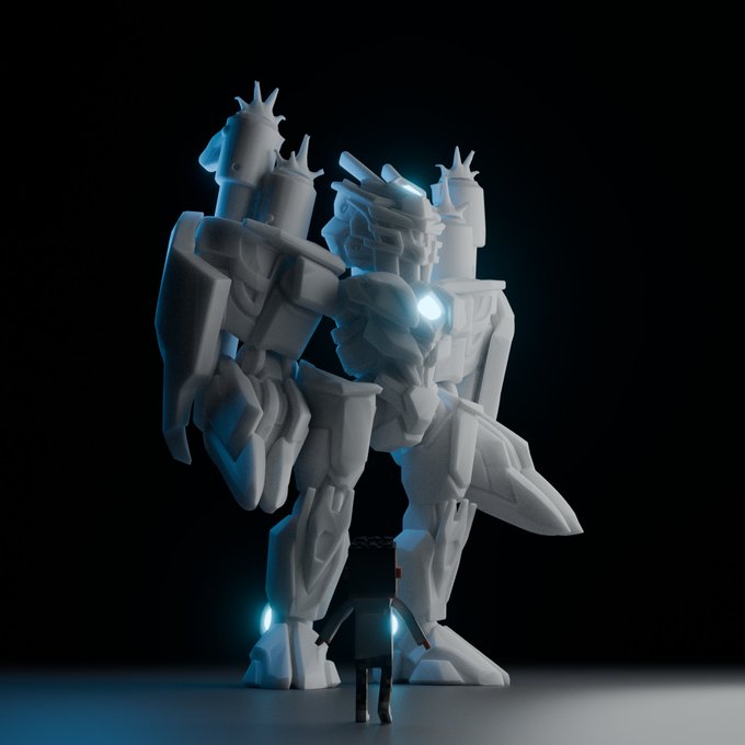 A 3D render of a large white mecha robot with glowing blue accents standing behind a tiny human figure in a dark environment.
