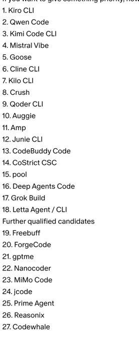 A text list ranking coding agent tools, headed by '1. Kiro CLI' and including items like 'Qwen Code', 'Kimi Code CLI', 'Mistral Vibe', 'Goose', 'Cline CLI', 'Kilo CLI', 'Crush', 'Qoder CLI', 'Auggie', 'Amp', 'Junie CLI', 'CodeBuddy Code', 'CoStrict CSC', 'pool', 'Deep Agents Code', 'Grok Build', 'Letta Agent / CLI', followed by a 'Further qualified candidates' section with 'Freebuff', 'ForgeCode', 'gptme', 'Nanocoder', 'MiMo Code', 'jcode', 'Prime Agent', 'Reasonix', 'Codewhale'.
