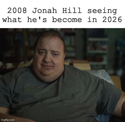 A meme with the text '2008 Jonah Hill seeing what he's become in 2026' showing Jonah Hill looking directly at the camera with a serious expression.