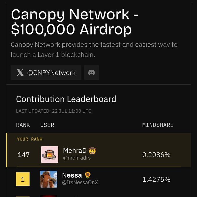 A screenshot of the Canopy Network airdrop page showing a $100,000 airdrop, with the user 'MehraD' (@mehradrs) ranked 147th with 0.2086% mindshare, behind 'Nessa' (@ItsNessaOnX) in 1st place.