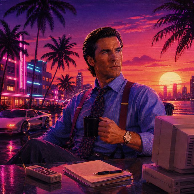 A stylized digital illustration of a man in a blue shirt and tie holding a coffee mug, sitting at a desk with a retro computer against a vibrant Miami Vice-style sunset backdrop with palm trees and a sports car.