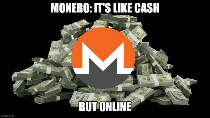 A pile of US dollar bills is shown with the Monero (XMR) cryptocurrency logo overlaid in the center, captioned "MONERO: IT'S LIKE CASH BUT ONLINE."
