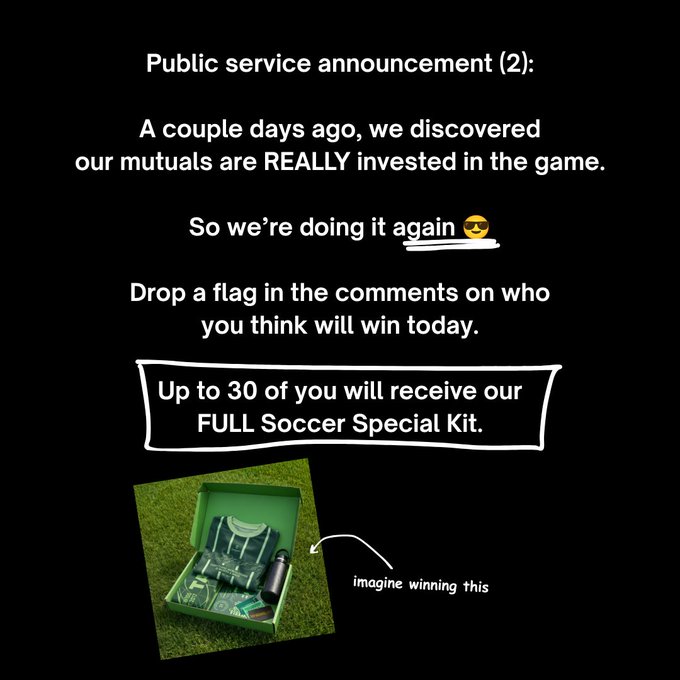 A black promotional graphic announces a soccer giveaway, stating "Public service announcement (2): A couple days ago, we discovered our mutuals are REALLY invested in the game. So we're doing it again 😎 Drop a flag in the comments on who you think will win today. Up to 30 of you will receive our FULL Soccer Special Kit," alongside a photo of the green soccer-themed prize box labeled "imagine winning this." The image ties into the post's France vs. England match prediction contest, encouraging users to comment with their pick for a chance to win the Tangem kit.