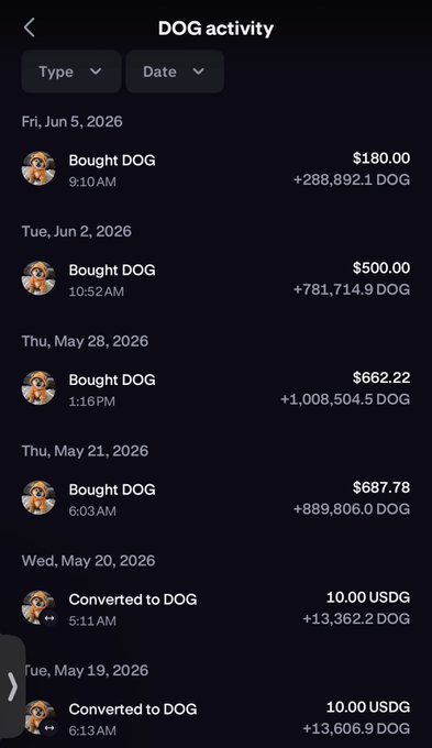 The image shows a phone screen displaying a list of dates, including May 20, 2016, and May 19, 2016. There are also several transactions related to dog-related activities such as buying or selling dogs. The text "Dogs are for the dogs" is visible in the image, which seems to be a reference to the post about converting DOGs.