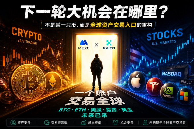 A promotional graphic for the "MEXC × KAITO" partnership featuring a silhouetted figure standing in a glowing doorway between crypto (BTC, ETH) and stocks (NASDAQ, NVIDIA, Tesla, Apple), with Chinese text posing "下一轮大机会在哪里？" (Where is the next big opportunity?) and promoting a unified "一个账户，交易全球" (One account, trade the world) platform for crypto, US stocks, indices, and gold—visually illustrating the article's theme of crypto exchanges expanding into U.S. equities to rebuild the global asset trading gateway.