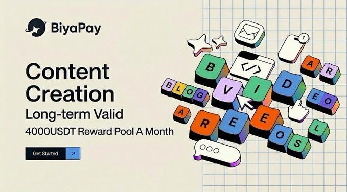 The image is a promotional banner for BiyaPay's Content Creator Program, featuring colorful 3D blocks forming words like "BLOG," "VIDEO," and "REELS," alongside text announcing a "Long-term Valid 4000USDT Reward Pool A Month" for creators. It visually complements the post by highlighting the program's focus on supporting multi-format content creators with a generous monthly reward pool and a "Get Started" call-to-action button.