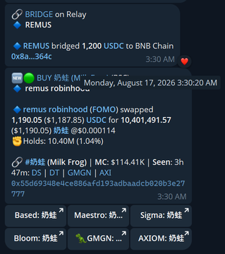 A screenshot of a cryptocurrency trading alert showing a BRIDGE on Relay swap where 1,200 USDC was bridged to BNB Chain, along with a transaction alert for 1,190.05 ($1,187.85) USDC swap.