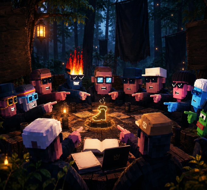 Minecraft-style 3D characters with sunglasses gathered around a table in a dark forest, pointing at a glowing boot-shaped item in the center.