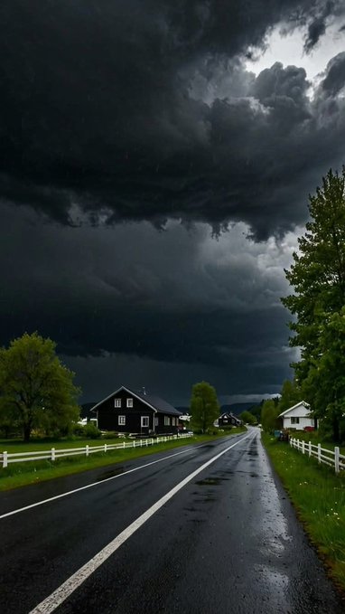 A scenic view of a rural road under a dramatic dark storm cloud, with houses and trees lining the street.
