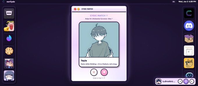 The image shows a computer screen displaying a CyTinder profile page with a cartoon character photo of a boy wearing a blue shirt. The background color of the image is purple, which contrasts with the white text that reads "I just found myself on CyTinder, like or dislike? and that' s just one of many features on our new website at @cysic_xyz you can find there games to learn more about cysic zk, music playlist, the ambassador program application, memes and much more give it a try". The image also includes various other posts related to CyTinder.