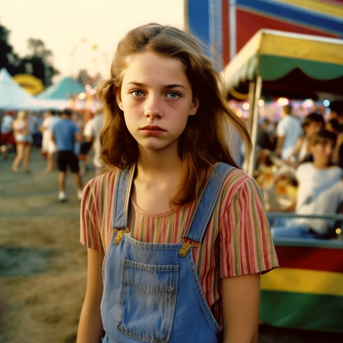 An AI-generated image depicts a young girl with light brown hair and blue eyes, wearing a striped shirt under denim overalls, standing in front of blurred fairground tents and crowds.