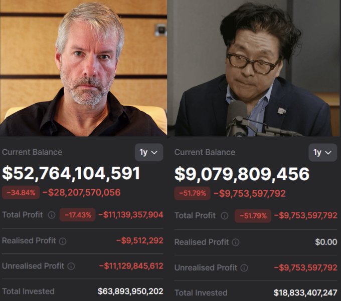 The image shows two men with different facial expressions, one of whom appears to be a businessman wearing glasses. The background reveals that they are sitting at a desk or table, possibly discussing business matters. The image also includes text about cryptocurrency bulls on Wall Street being destroyed and the unrealized losses for Saylor's and Tom Lee's stocks.