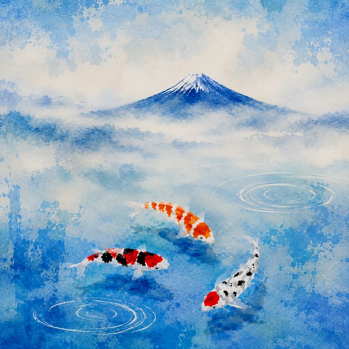 A watercolor painting of three koi fish swimming in a pond with circular ripples, set against a misty backdrop of Mount Fuji.