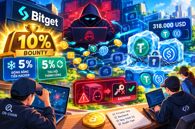 A colorful promotional graphic for Bitget advertising a "10% BOUNTY" of "318.000 USD" with "5%" for "ĐÓNG BĂNG TIỀN HACKER" and "5%" for "THU HỒI THÀNH CÔNG," featuring cartoon hackers, crypto coins, and developers working on code.