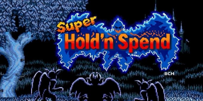The image features a poster for a video game called "Super Hold 'n Spend", which has a dark blue background with a large, glowing bat-like creature in the center. The title of the game is displayed at the top of the poster, along with the phrase "Selling money". This suggests that the game might be related to a virtual currency system or an alternate reality where players can earn and spend digital currency within the game world.